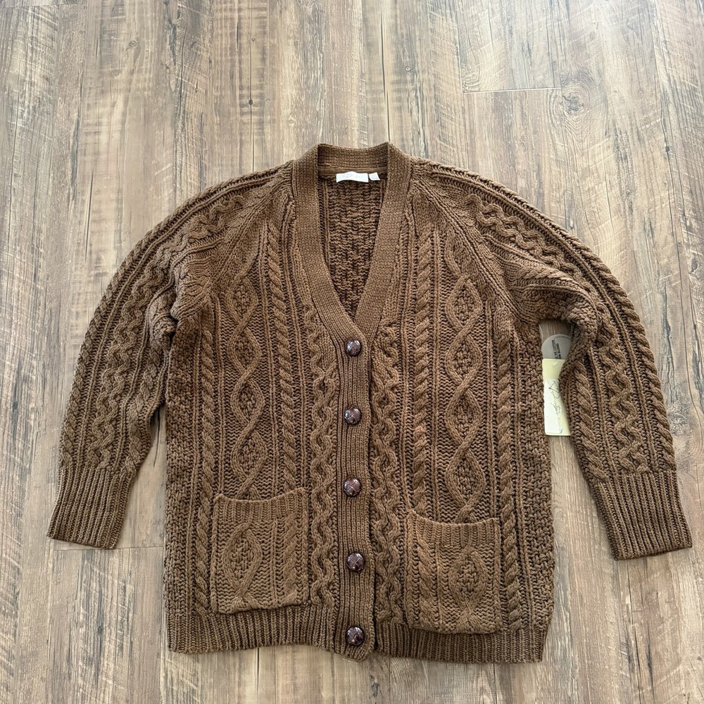 NWT Brown Cable Knit Grandpa Size L Cardigan Chunky Oversized Fisherman Sweater